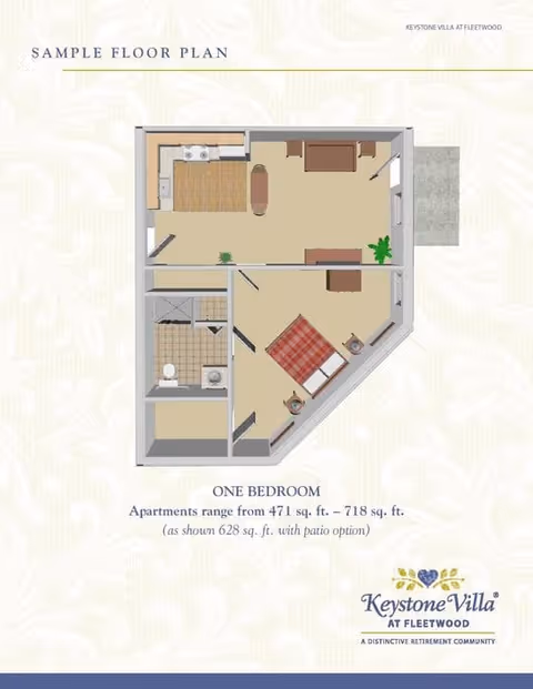 Sample floor plan of a one-bedroom apartment at Keystone Villa at Fleetwood, showing a kitchen, living room, bedroom, bathroom, and patio area. The layout includes furniture placement and measurements ranging from 471 to 718 square feet.