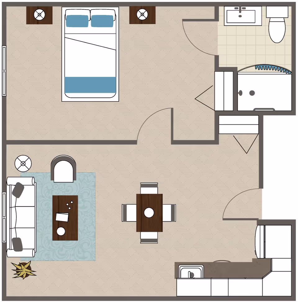 Top-down floor plan of a one-bedroom apartment showing a bedroom, bathroom, kitchen, dining area, and living room furnishings.