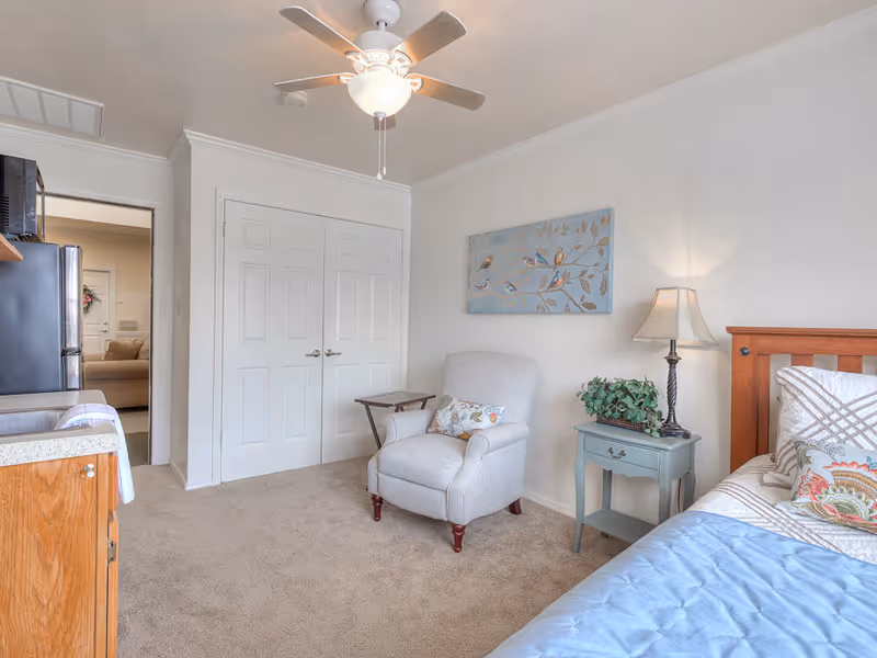 A cozy bedroom with a bed on the right side featuring patterned pillows and a blue blanket. Next to the bed is a small blue nightstand with a lamp and a plant. A comfortable armchair with a decorative pillow sits against the wall, beneath a wall art piece depicting birds on branches. The room has beige carpet, white walls, and a ceiling fan with a light. A double-door closet is visible on the far wall, and a doorway leads to another room with a sofa.