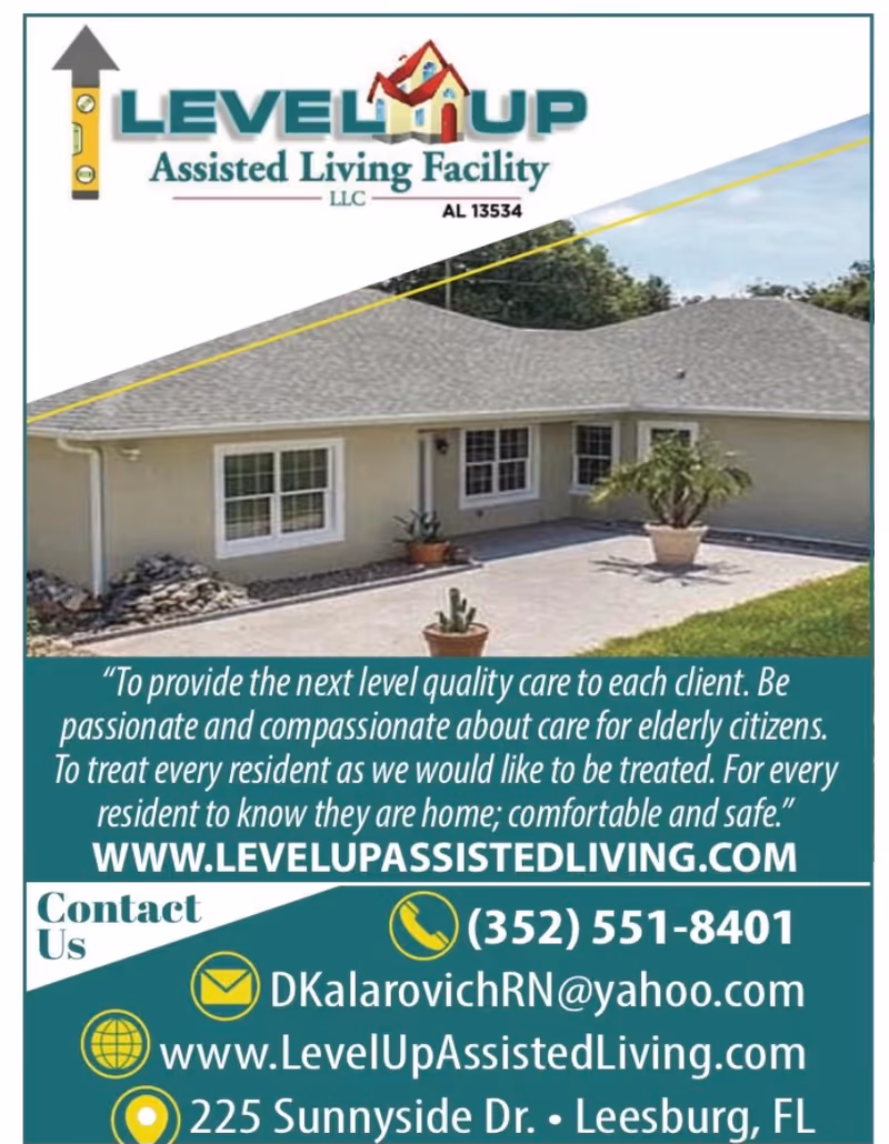 Exterior view of a single-story assisted living facility building with a gray roof, beige walls, and several windows. There are potted plants on the paved area in front of the building and some greenery in the background. The image includes the Level Up Assisted Living Facility logo and contact information.