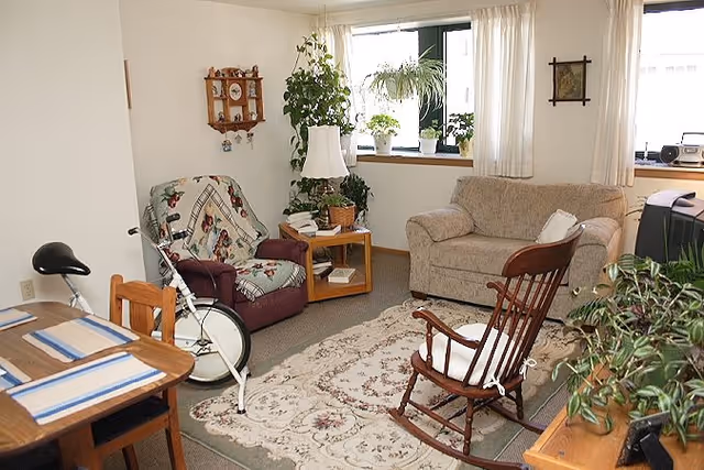 Cozy living room with a sofa, armchair, rocking chair, dining table, plants, and a patterned area rug by a window.