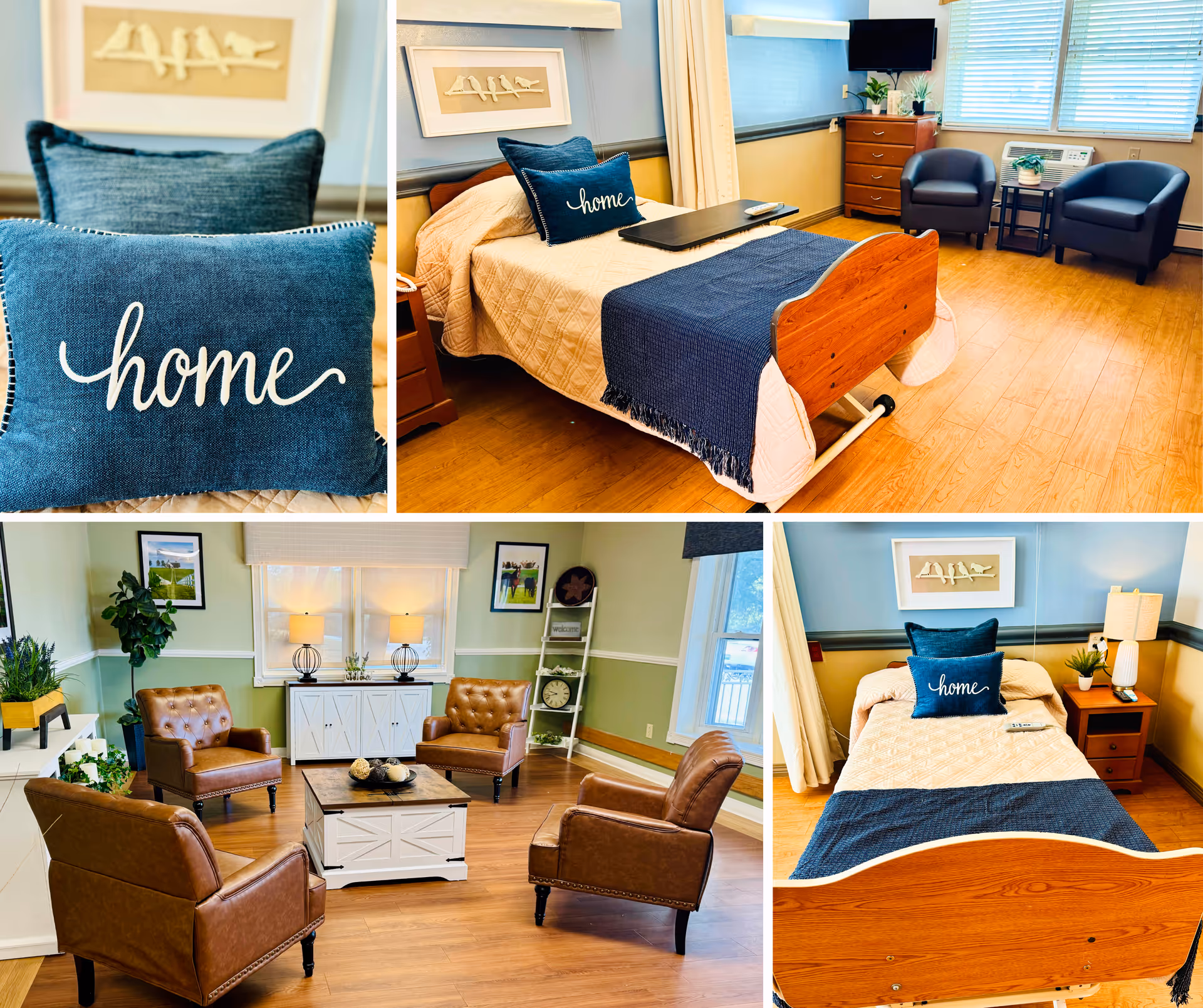 A collage of four images showing the interior of a senior living facility room and common area. The top left image is a close-up of a blue pillow with the word 'home' embroidered on it. The top right image shows a single bed with a wooden headboard and footboard, a blue throw blanket, and the same blue 'home' pillow, with two armchairs, a small table, a dresser, and a TV in the background. The bottom left image depicts a cozy sitting area with four brown leather armchairs arranged around a white coffee table, with plants, lamps, and framed pictures on the walls. The bottom right image shows another view of the single bed with the 'home' pillow, a nightstand with a lamp and plant, and a framed artwork of birds on the wall above the bed. The floors are wooden, and the rooms are well-lit with natural light from windows.