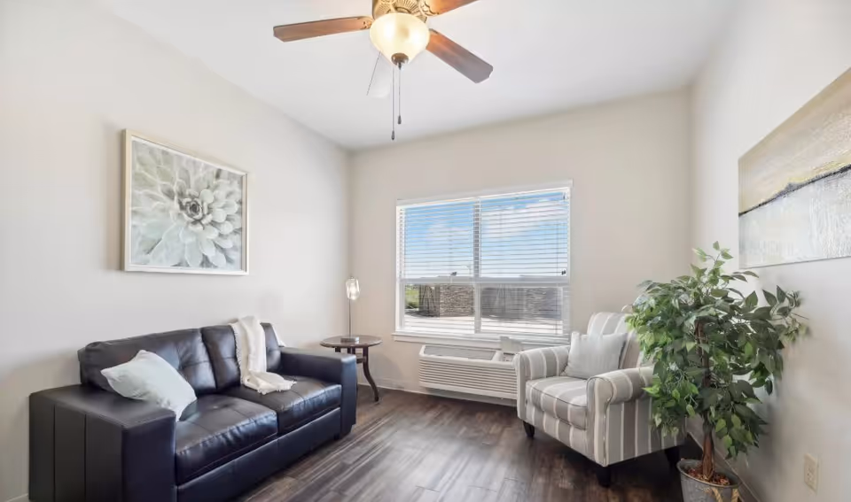 A bright living room with a black leather sofa adorned with a light blue pillow and a white throw blanket. Next to the sofa is a round wooden side table with a modern lamp. Across from the sofa is a striped armchair with a matching pillow, positioned near a large window with blinds. A green potted plant is placed beside the armchair, and two pieces of wall art hang on the light-colored walls. The room has dark wood flooring and a ceiling fan with a light fixture.