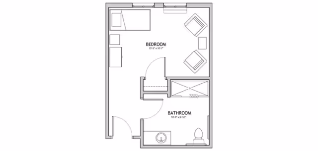 Architectural floor plan showing a bedroom and attached bathroom layout. The bedroom includes a bed, two chairs, and a dresser. The bathroom features a sink, toilet, and shower area.