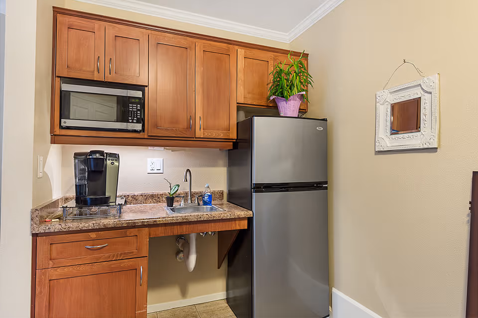 Small kitchen area with wooden cabinets, a microwave, a coffee maker, a small sink with a faucet, a granite countertop, and a stainless steel refrigerator. A small potted plant is on the countertop and another plant in a purple pot is on top of the refrigerator. A decorative white-framed mirror hangs on the beige wall to the right.