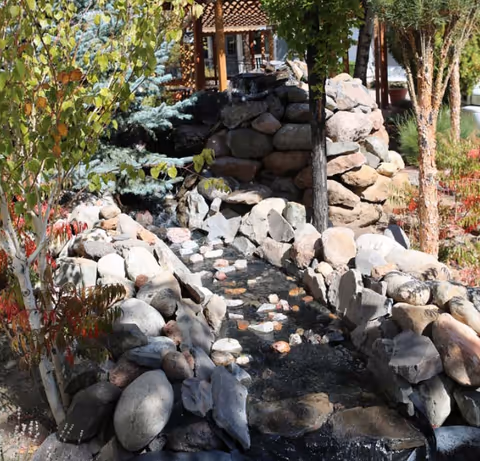 Rock-lined outdoor water feature and small stream surrounded by trees and foliage with a gazebo visible in the background.