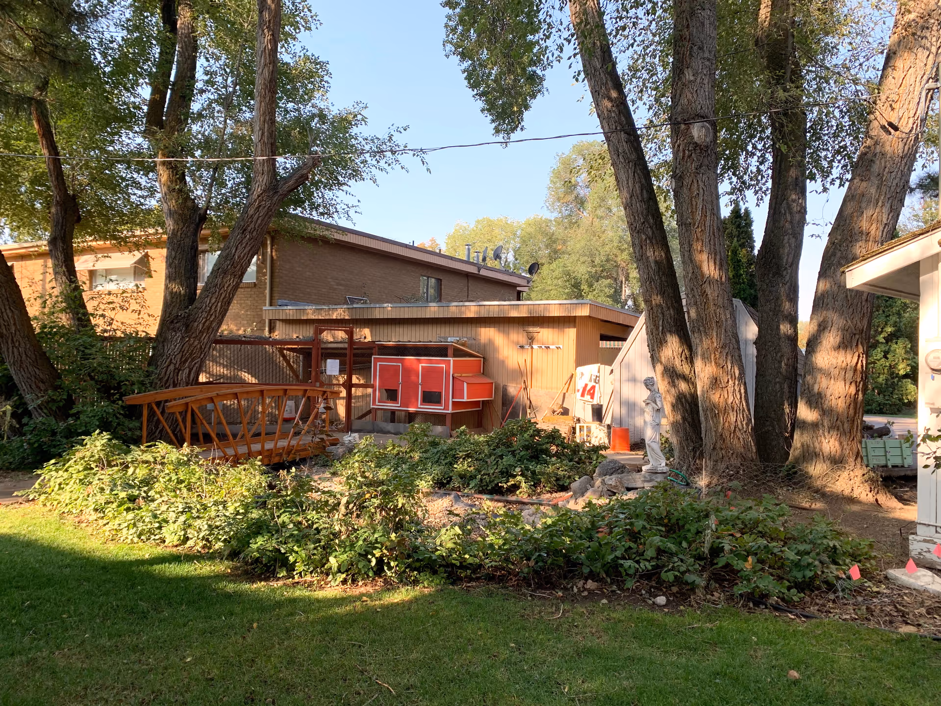 Outdoor garden area with green grass, bushes, and several large trees. There is a small wooden bridge over a garden bed, and a building with a red structure attached to it in the background. The scene is sunlit with clear skies.