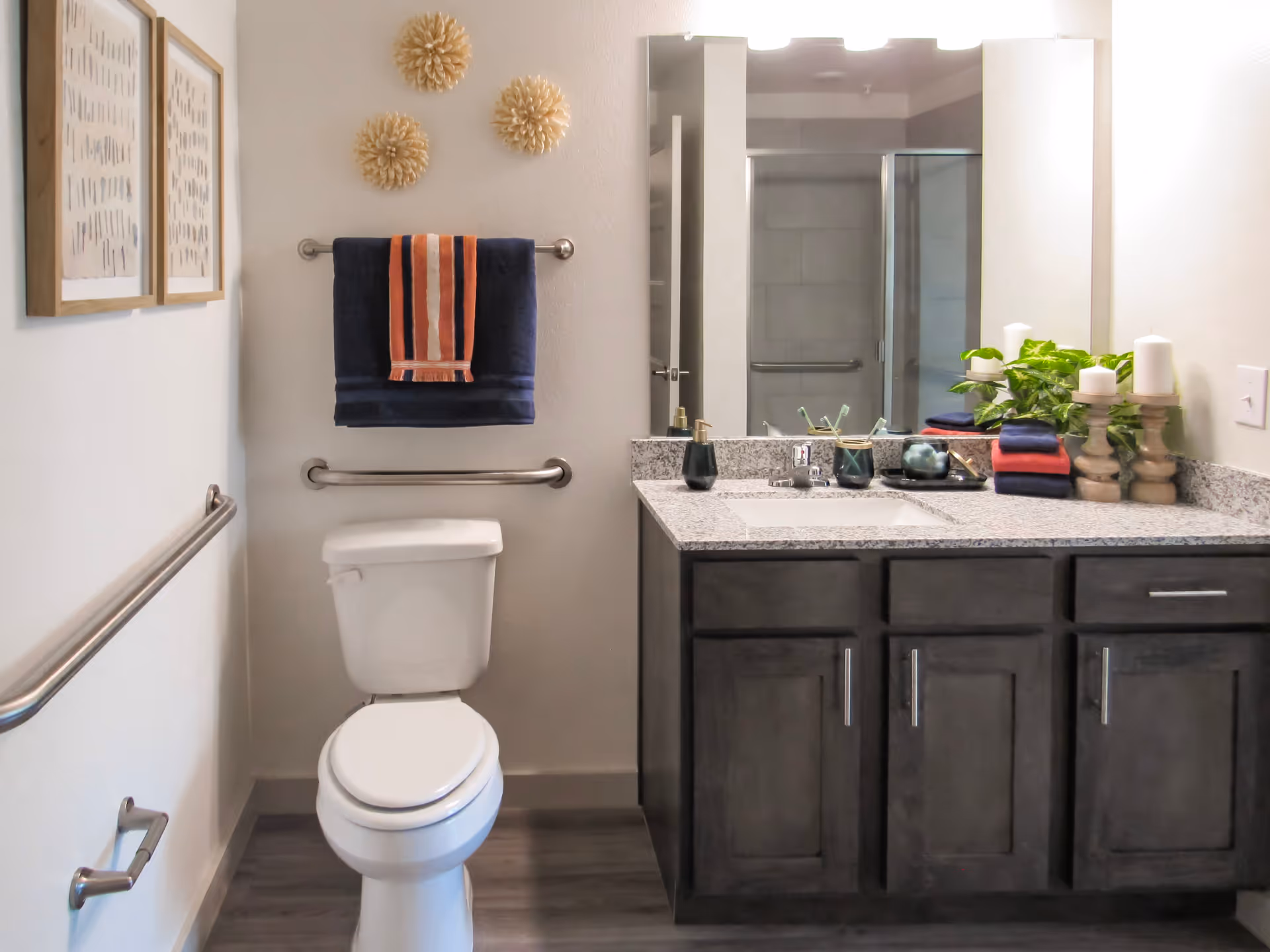 Bathroom with a toilet, grab bars, granite-top vanity and mirror, decorated with towels and plants.