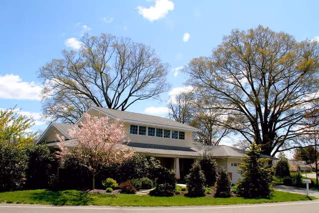 Front view of a light-colored two-story house with a front porch, flowering tree, and large mature trees against a blue sky.
