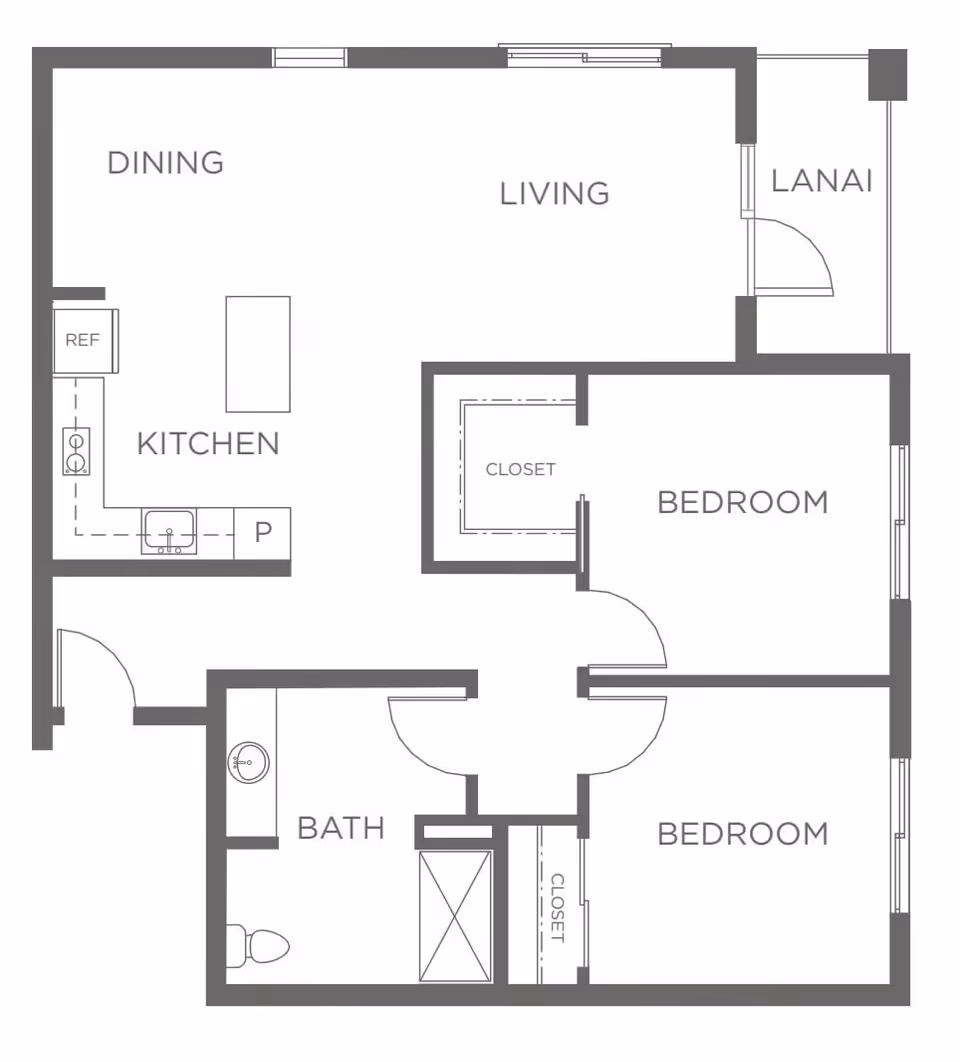 Architectural floor plan of a residential unit at 'Ilima at Leihano' showing two bedrooms, one bathroom, a kitchen with a refrigerator and sink, a dining area, a living room, and a lanai. Closets are included in both bedrooms.