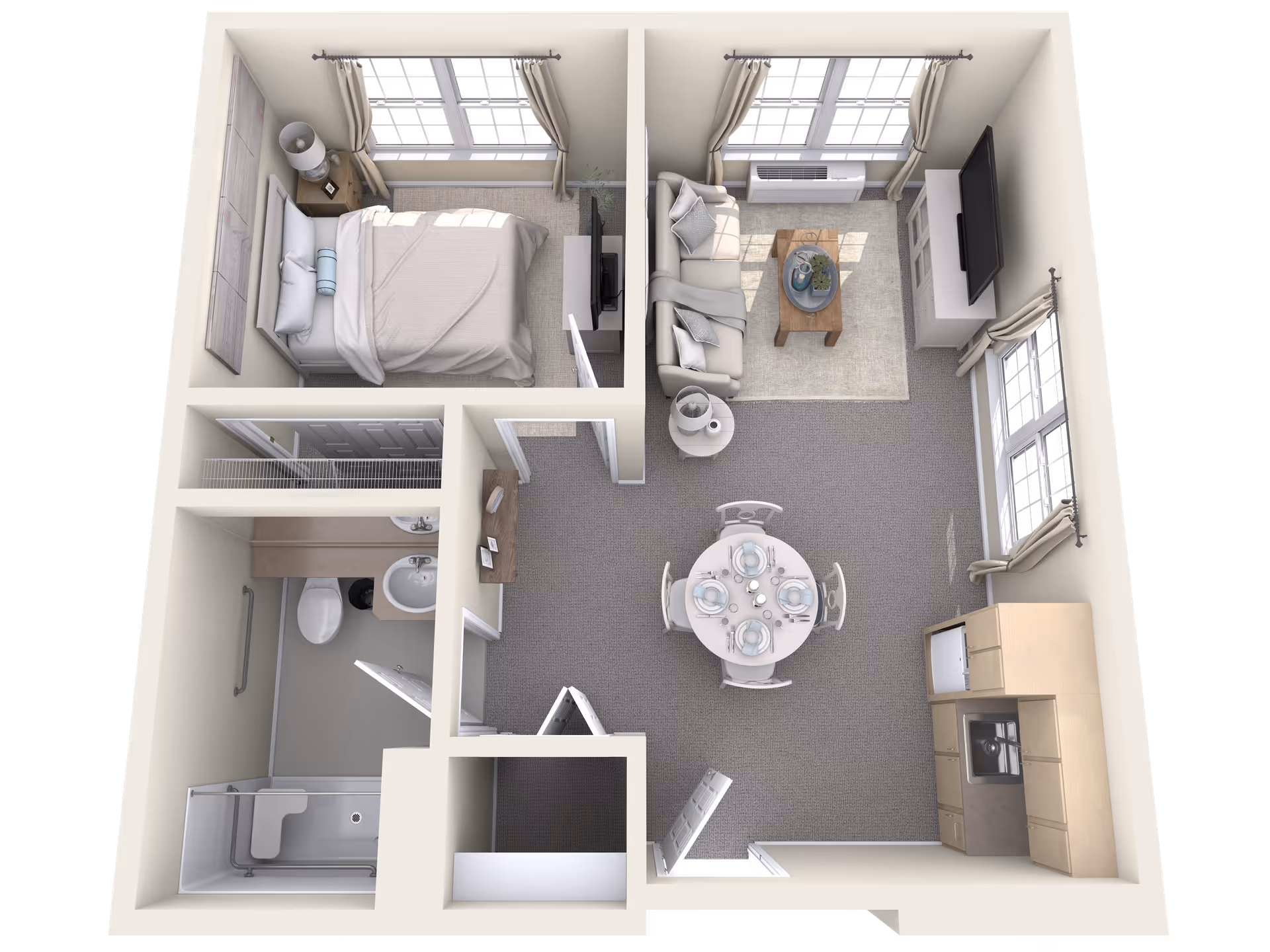 3D floor plan of a senior living apartment showing a bedroom with a bed and nightstand, a bathroom with a shower, toilet, and sink, a living room with a sofa, coffee table, and TV, a dining area with a round table set for four, and a kitchen with cabinets, sink, and appliances.