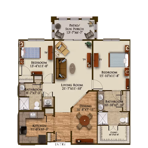 Floor plan of a two-bedroom apartment featuring a patio/sun porch, living room with seating and TV, dining area with a round table and four chairs, kitchen with appliances, two bathrooms, and closets.