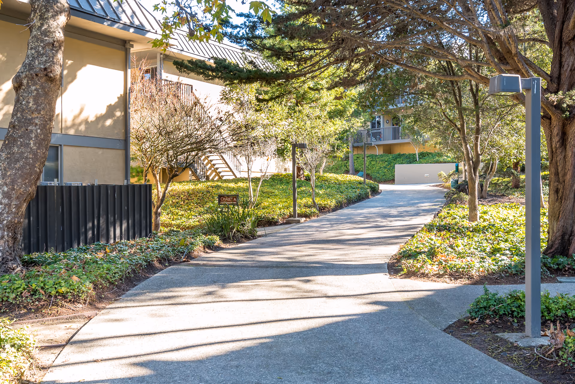 Concrete path winds through shaded landscaping toward a multi-story residential building with balconies.