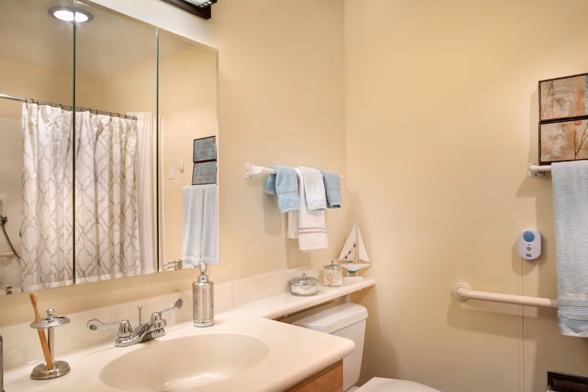 Small accessible bathroom with a sink and mirror, toilet, shower with a patterned curtain, towel racks and a grab bar.