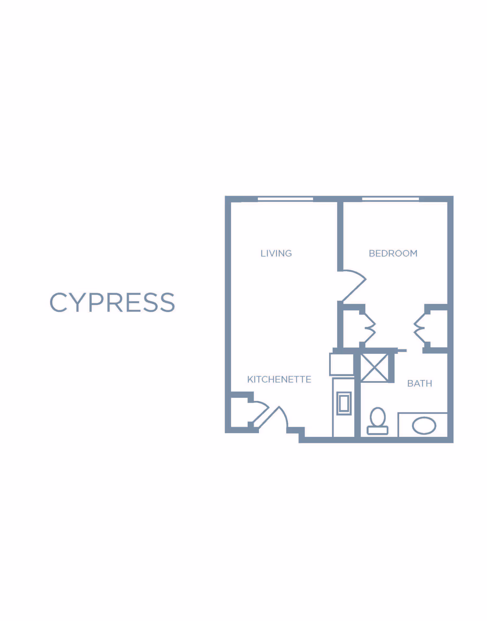 Floor plan labeled Cypress showing a layout with a living area, bedroom, kitchenette, and bathroom.