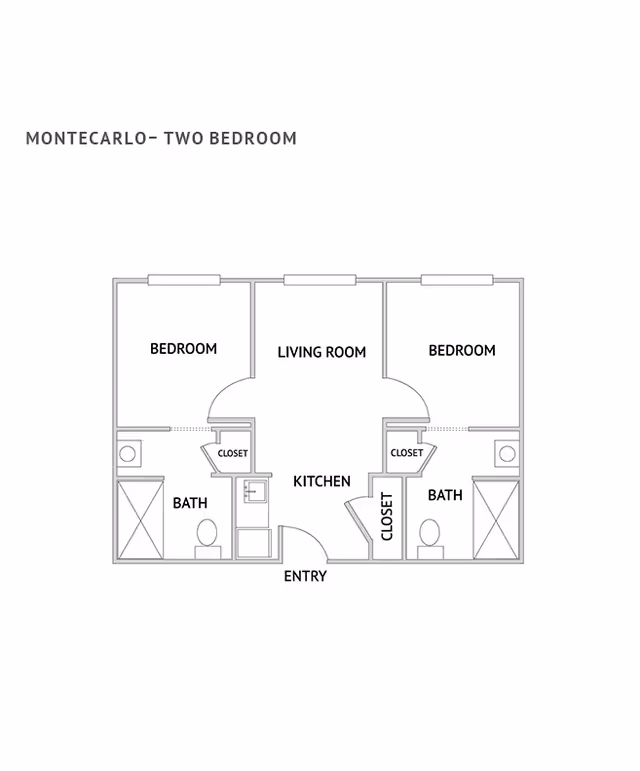 Floor plan labeled Montecarlo - Two Bedroom showing two bedrooms, two bathrooms, a living room, kitchen, closets, and an entry area.