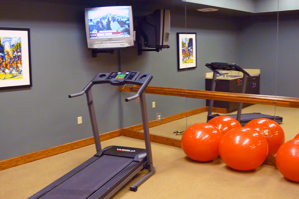 A small exercise room with a treadmill facing a wall-mounted TV. There are four large red exercise balls on the floor in front of a mirrored wall. The walls are painted gray and decorated with colorful framed artwork.