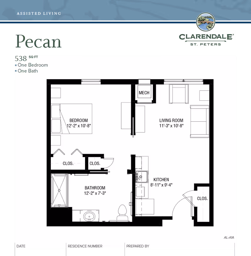 Floor plan of a one-bedroom, one-bath assisted living apartment named Pecan at Clarendale Of St. Peters, showing bedroom, bathroom, living room, kitchen, and closets with dimensions.