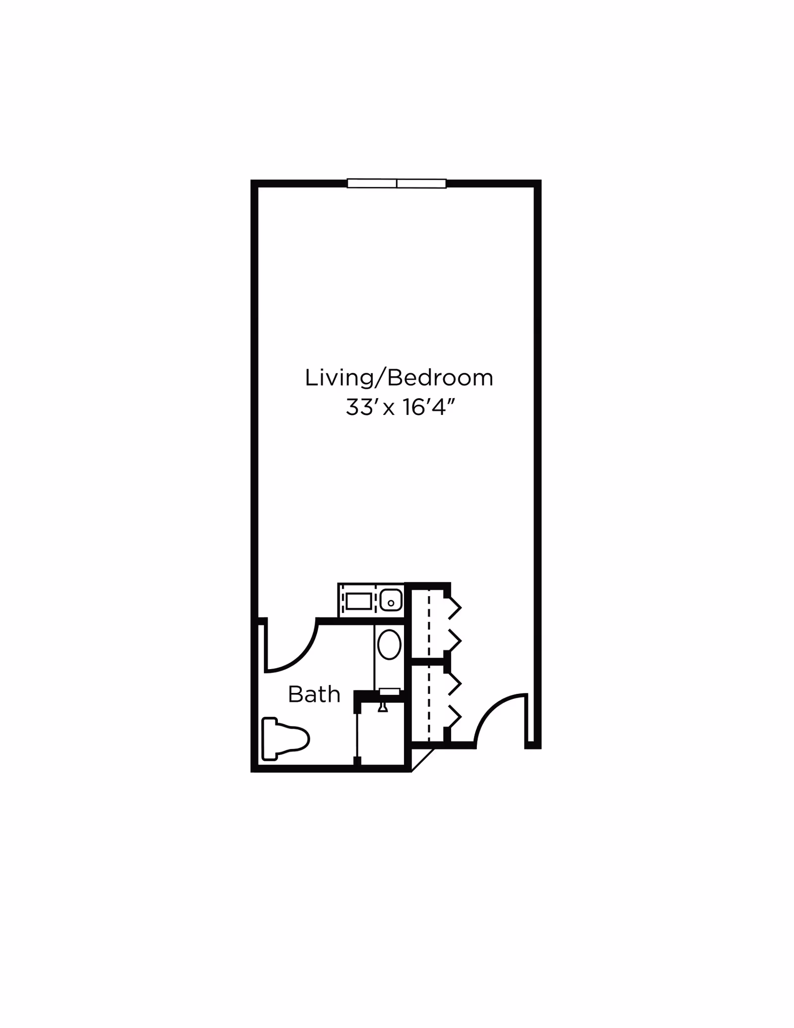 Floor plan of a studio apartment with a combined living and bedroom area measuring 33 feet by 16 feet 4 inches, a bathroom with a toilet and sink, and a small kitchenette area.