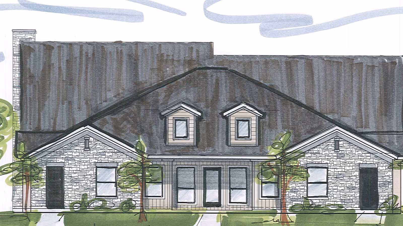 Architectural drawing of a single-story residential building with a dark roof, stone exterior walls, two dormer windows, and a central entrance flanked by large windows. There are small trees and shrubs in front of the building.
