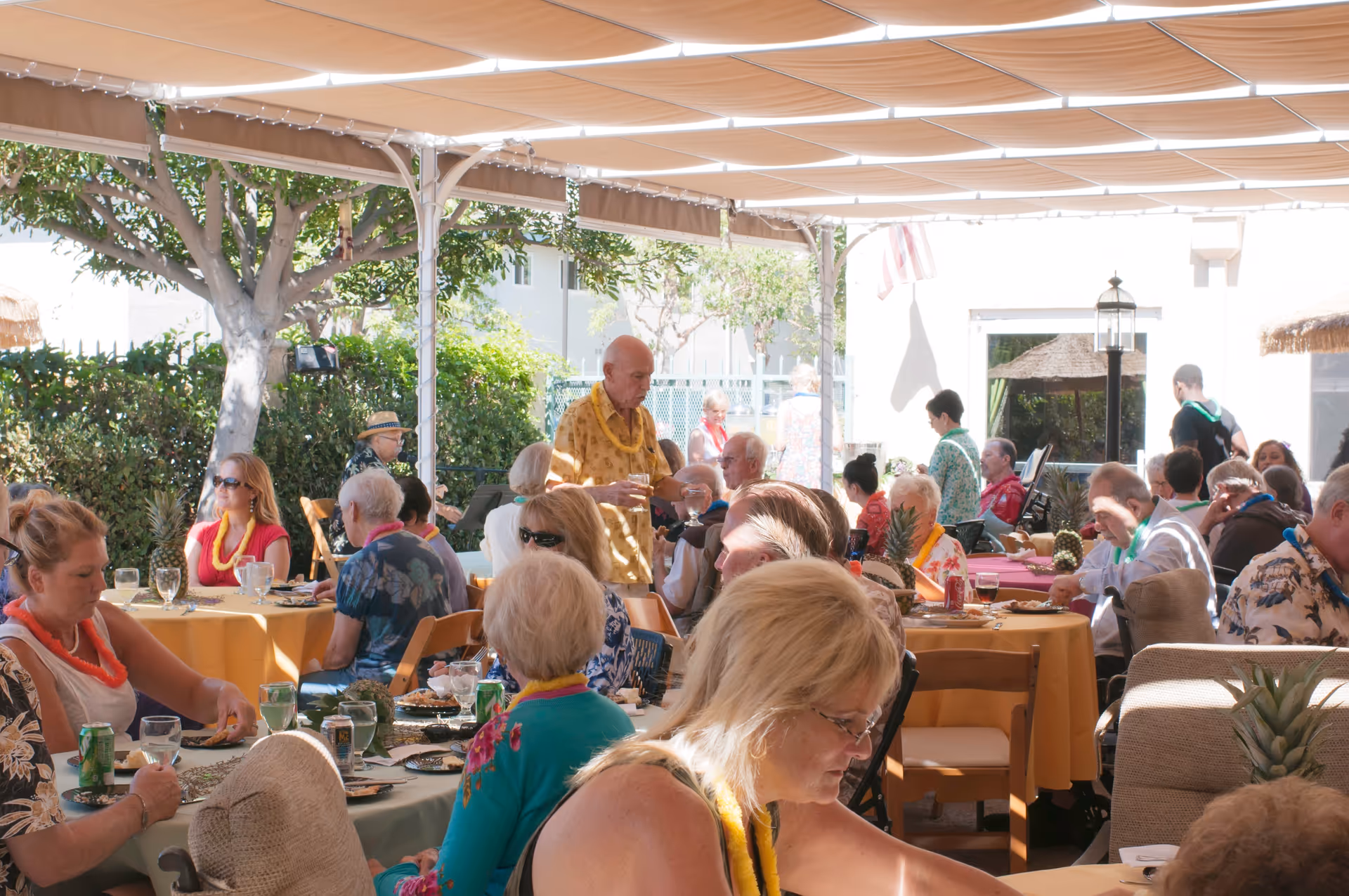 A group of elderly people gathered under a shaded outdoor patio area, sitting at tables covered with yellow and green tablecloths, enjoying food and drinks. The setting is bright and sunny with trees and greenery in the background, and some people are wearing colorful leis.