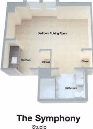 3D floor plan of a studio apartment named The Symphony, showing a combined bedroom and living room area, a kitchen, two closets, and a bathroom.