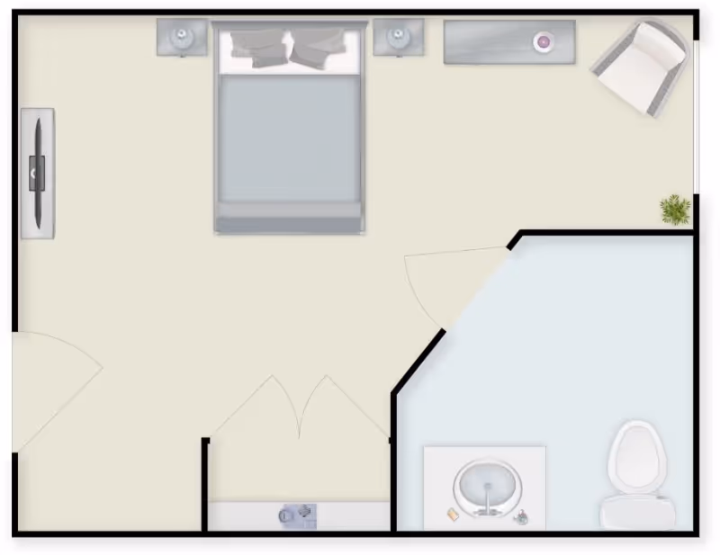 Top-down floor plan of a senior living facility room showing a bedroom area with a bed, two nightstands, a TV on the wall, a chair in the corner, and an attached bathroom with a sink and toilet.