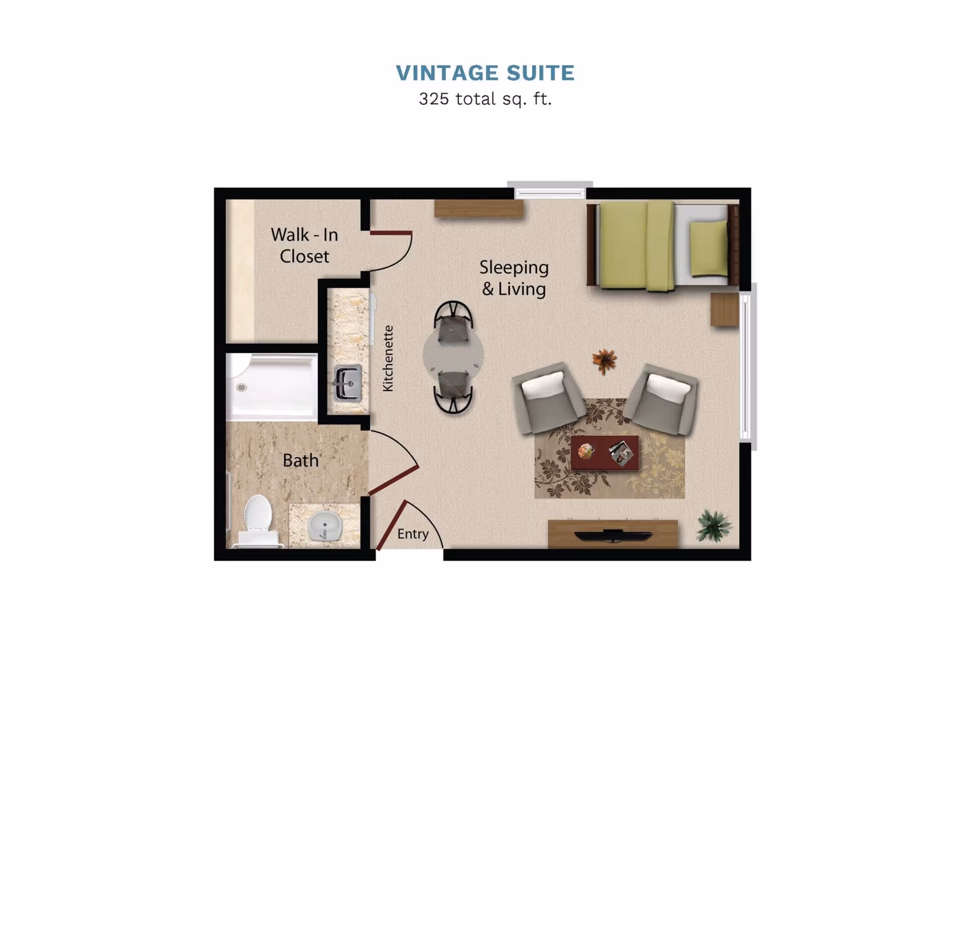 Floor plan of a 325 sq. ft. Vintage Suite showing entry, kitchenette, bath, walk-in closet, and combined sleeping and living area.