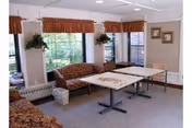 A common area with large windows featuring brown valances and hanging plants. The room contains a patterned sofa, a table with a puzzle on it, and a chair. The walls have framed pictures and the floor is carpeted.