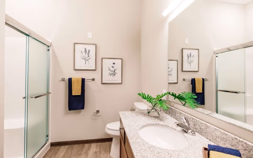 A clean and modern bathroom featuring a glass-enclosed shower with frosted sliding doors, a white toilet, and a granite countertop with an under-mount sink. Above the sink is a large mirror with a light fixture. Two framed botanical prints hang on the wall above a towel rack holding a navy blue and a mustard yellow towel. A small green plant in a glass vase sits on the countertop.