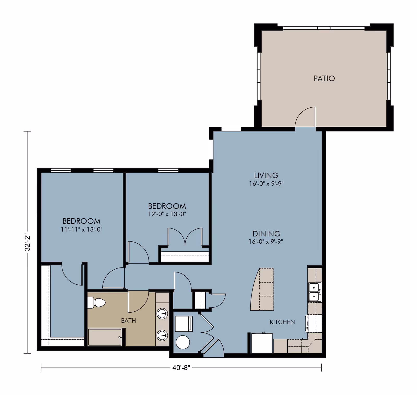 Floor plan of a two-bedroom apartment with living/dining area, kitchen, bathroom, and a patio.