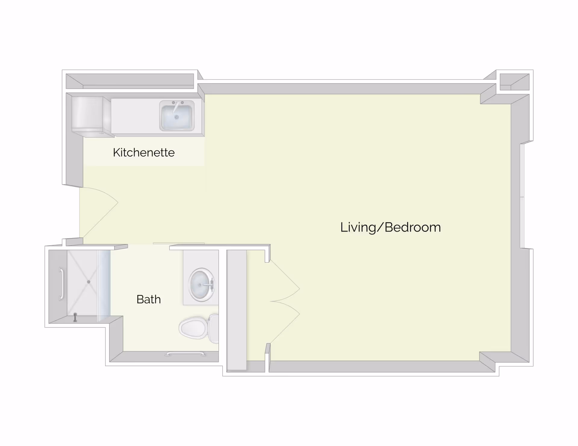 Floor plan of a studio apartment layout with a kitchenette, a combined living and bedroom area, and a bathroom with a shower, sink, and toilet.