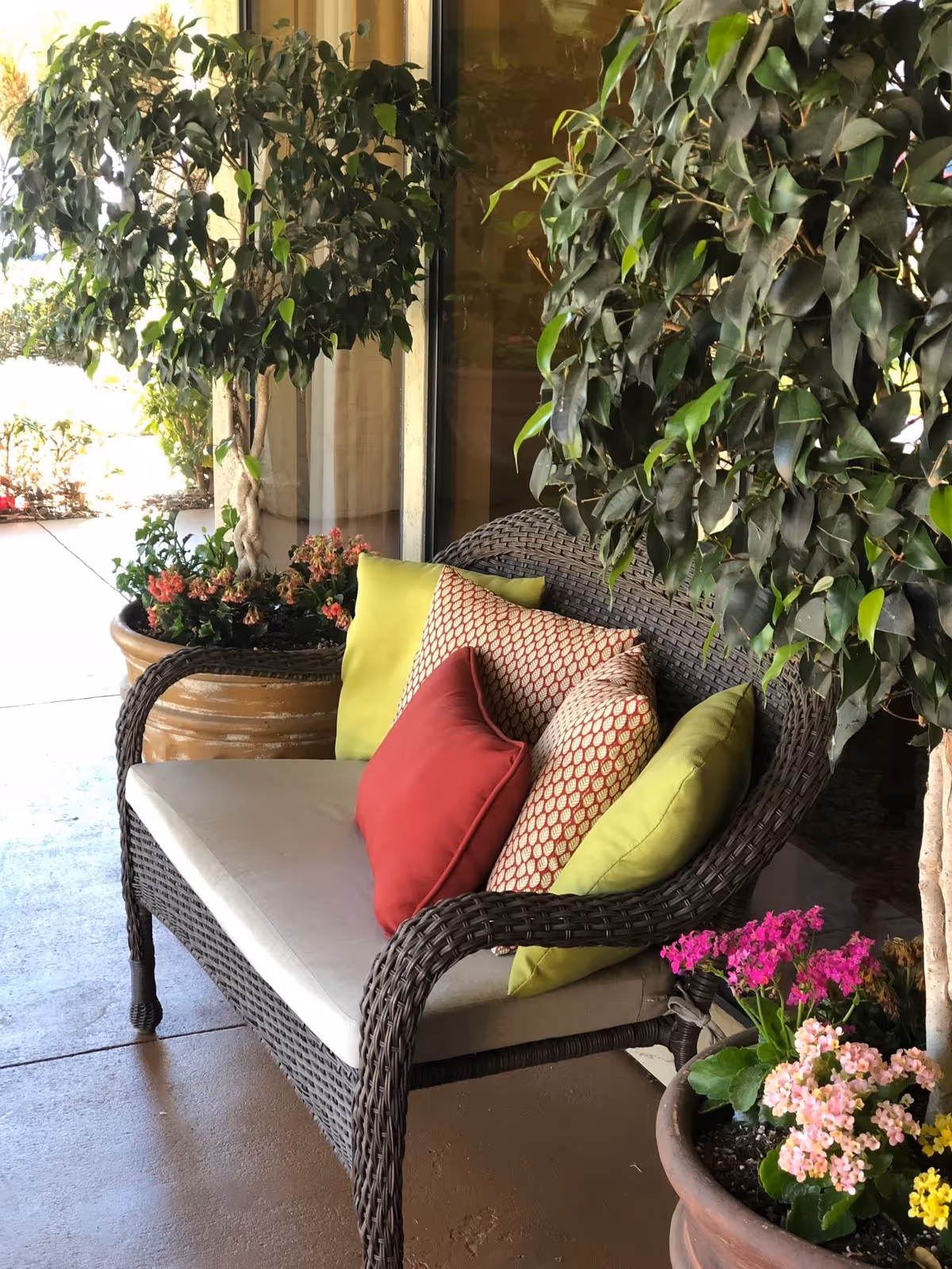 A wicker bench with beige cushion and colorful pillows in red, green, and patterned designs, placed on a patio next to large potted plants with green leaves and blooming flowers in pink and yellow.