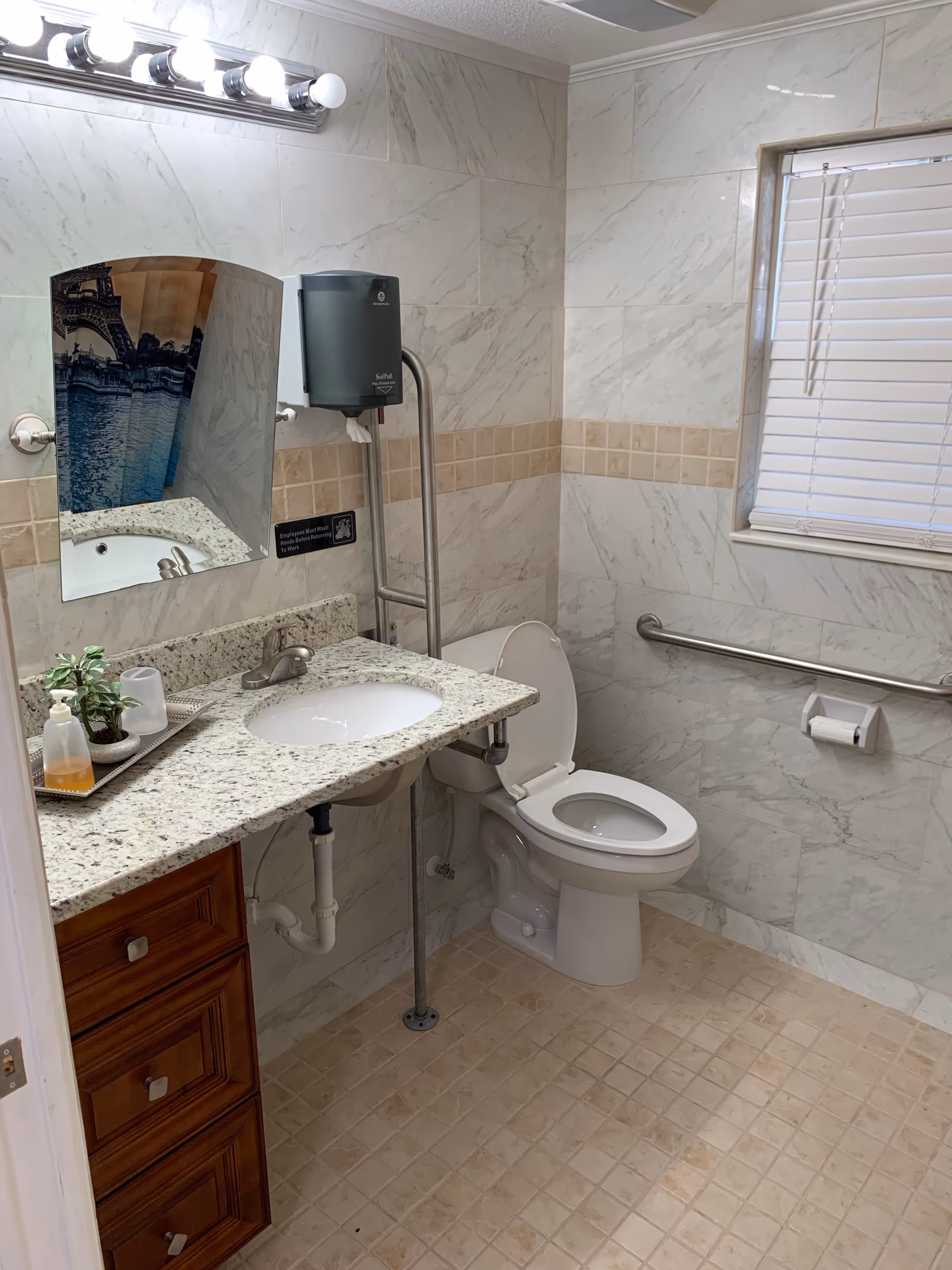 A clean and accessible bathroom with beige tiled floor and marble-patterned walls. The bathroom features a white toilet with a grab bar on the wall beside it, a granite countertop with an under-mount sink, a mounted soap dispenser, a small plant, and a mirror above the sink. There is a window with white blinds on the right wall and a light fixture with multiple bulbs above the mirror.