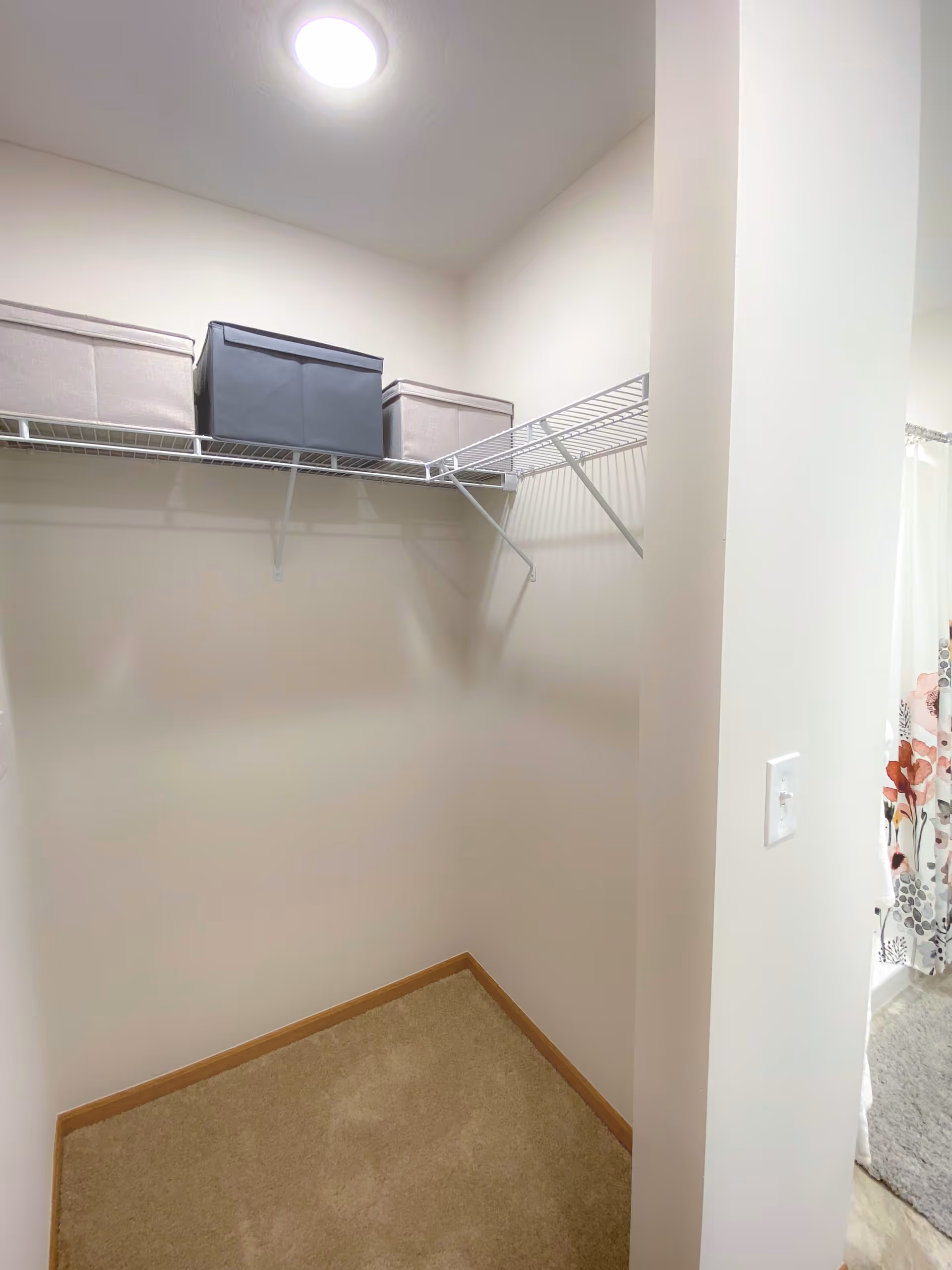 A small empty closet with beige carpet and white walls. There is a white wire shelf mounted on the walls near the ceiling, holding three storage boxes. A light fixture is visible on the ceiling. To the right, part of a bathroom with a floral shower curtain is visible.
