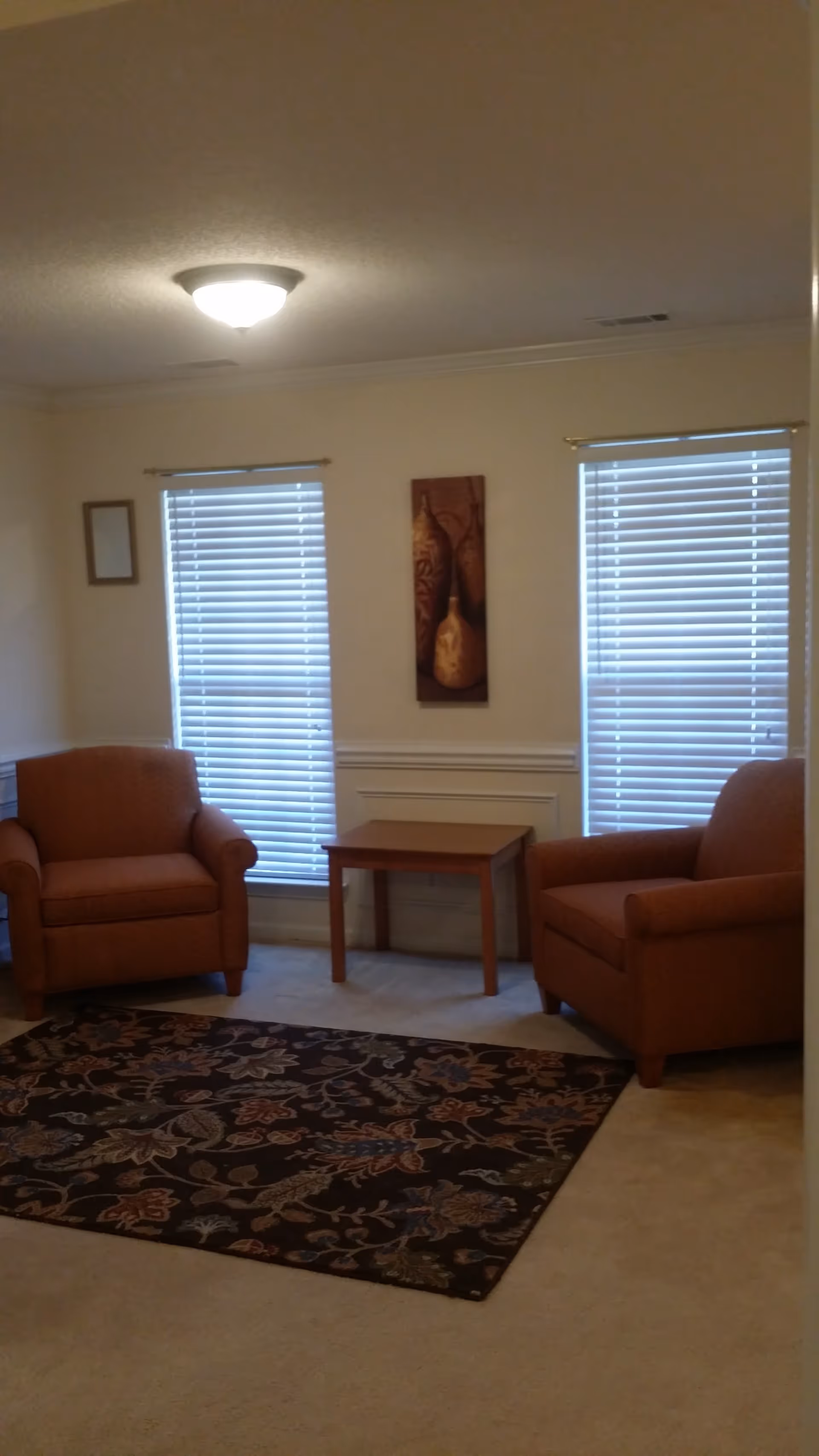 A cozy living room with two brown upholstered armchairs facing each other, a small wooden table between them, two windows with white blinds, a floral patterned area rug on the floor, and a wall decoration featuring vases hanging between the windows.