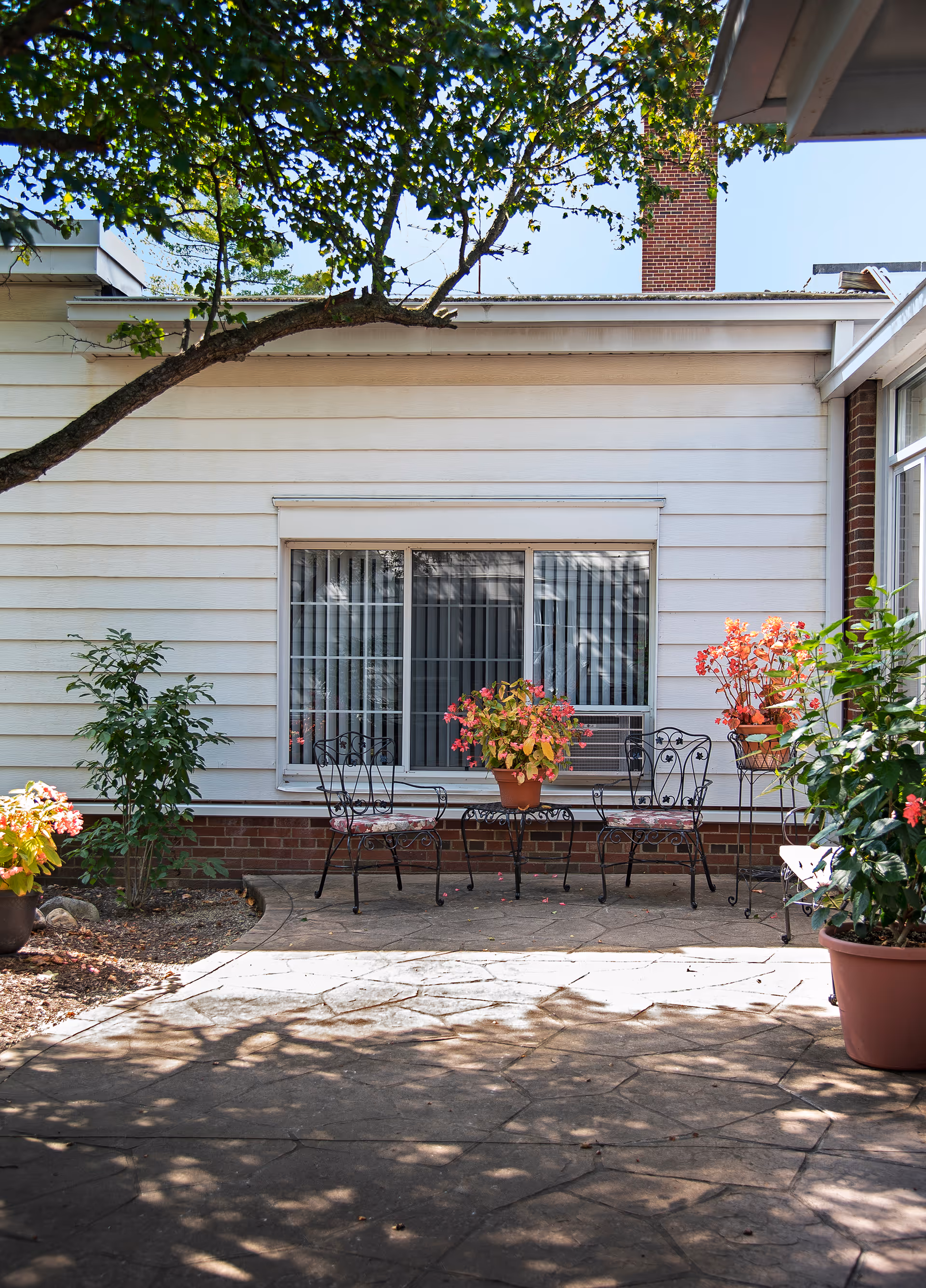 Outdoor patio area with a stone floor, featuring a small black metal table and four matching chairs with floral cushions. Several potted plants with colorful flowers are placed around the patio. The patio is adjacent to a white building with a large window covered by vertical blinds. A tree branch extends over the patio, casting shadows on the ground.