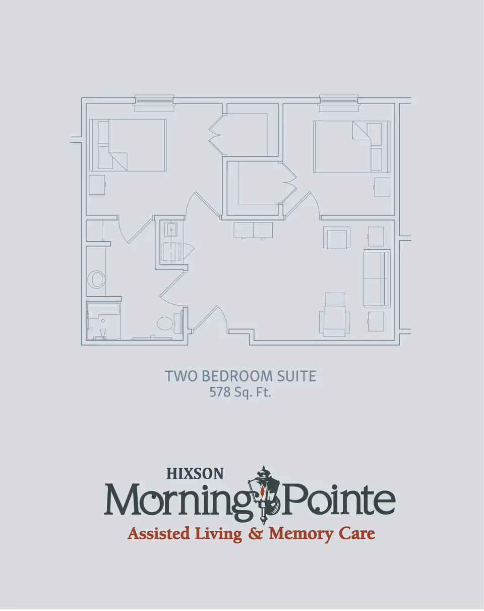 Floor plan of a two bedroom suite measuring 578 square feet, showing layout with two bedrooms, a bathroom, and a living area.