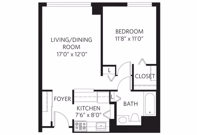 Floor plan of a one-bedroom apartment showing a living/dining room measuring 17 feet by 12 feet, a bedroom measuring 11 feet 8 inches by 11 feet, a kitchen measuring 7 feet 6 inches by 8 feet, a foyer, a bathroom, and a closet.