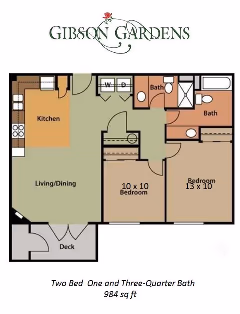 Floor plan of a two-bedroom, one and three-quarter bath apartment at Gibson Gardens, showing a kitchen, living/dining area, deck, two bedrooms sized 10x10 and 13x10, and two bathrooms.