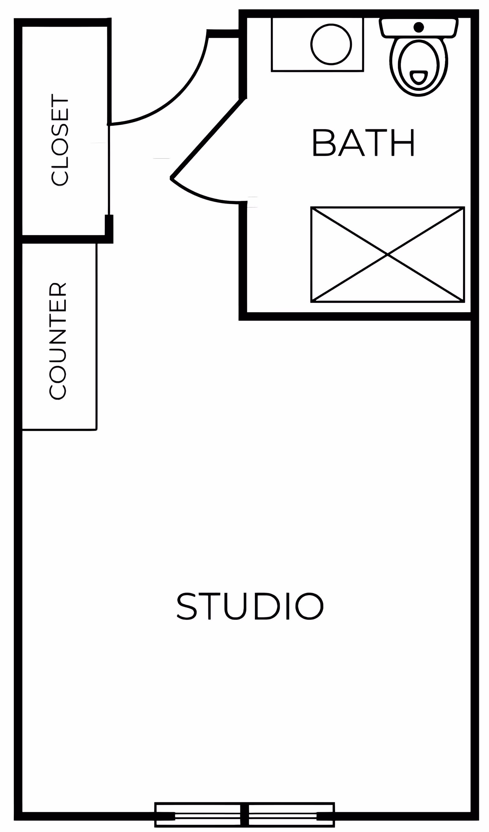 Floor plan of a studio apartment featuring a main studio living area, a bathroom with a sink, toilet, and bathtub, a closet, and a counter space near the entrance.