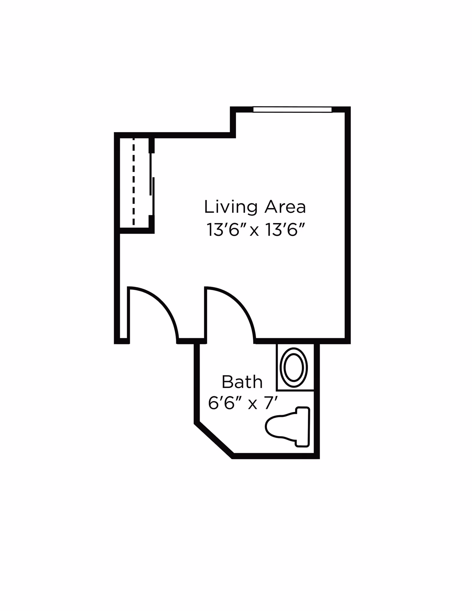 Floor plan showing a living area measuring 13 feet 6 inches by 13 feet 6 inches and a bathroom measuring 6 feet 6 inches by 7 feet. The bathroom includes a toilet and a bathtub.