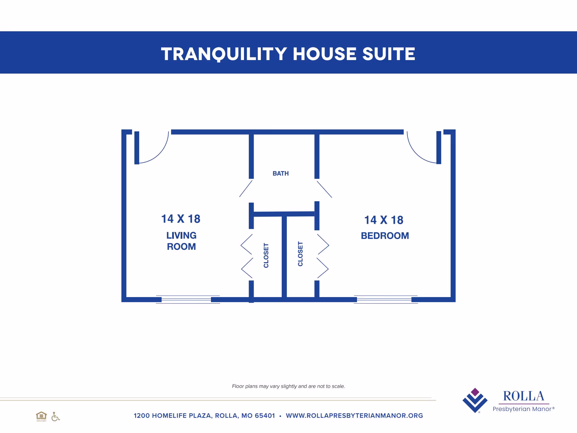Floor plan of the Tranquility House Suite at Rolla Presbyterian Manor showing a living room and bedroom each measuring 14 by 18 feet, with a bath and two closets in between.