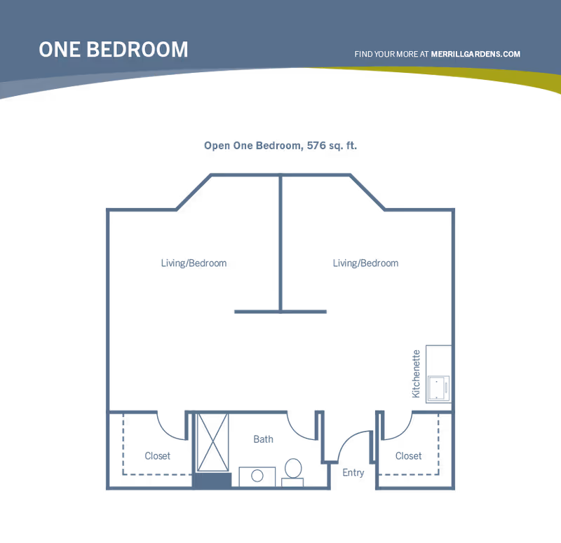 Black and blue floor plan diagram titled 'One Bedroom' showing an open one-bedroom 576 sq. ft. layout with living/bedroom areas, bath, closets, kitchenette and entry.