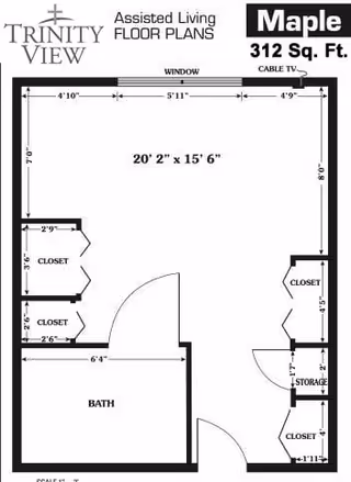 Floor plan of an assisted living unit named Maple at Trinity View Retirement Community, showing a 312 square feet layout with a main room measuring 20 feet 2 inches by 15 feet 6 inches, a bathroom, three closets, and a storage area. The plan includes window placement and door swings.