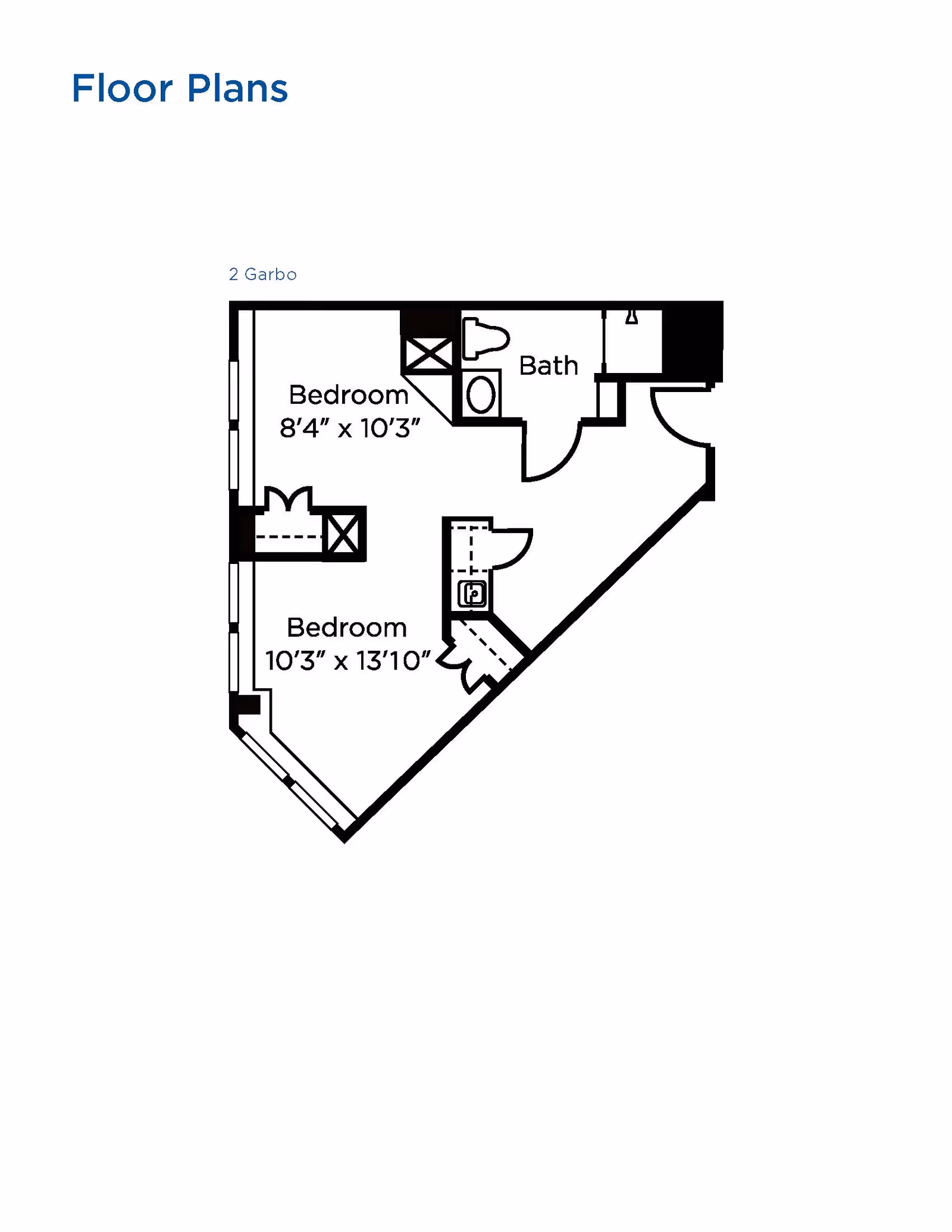 Floor plan layout showing two bedrooms and one bathroom. The first bedroom measures 8 feet 4 inches by 10 feet 3 inches, and the second bedroom measures 10 feet 3 inches by 13 feet 10 inches. The bathroom is located adjacent to the bedrooms. The plan includes doors and fixtures placement.