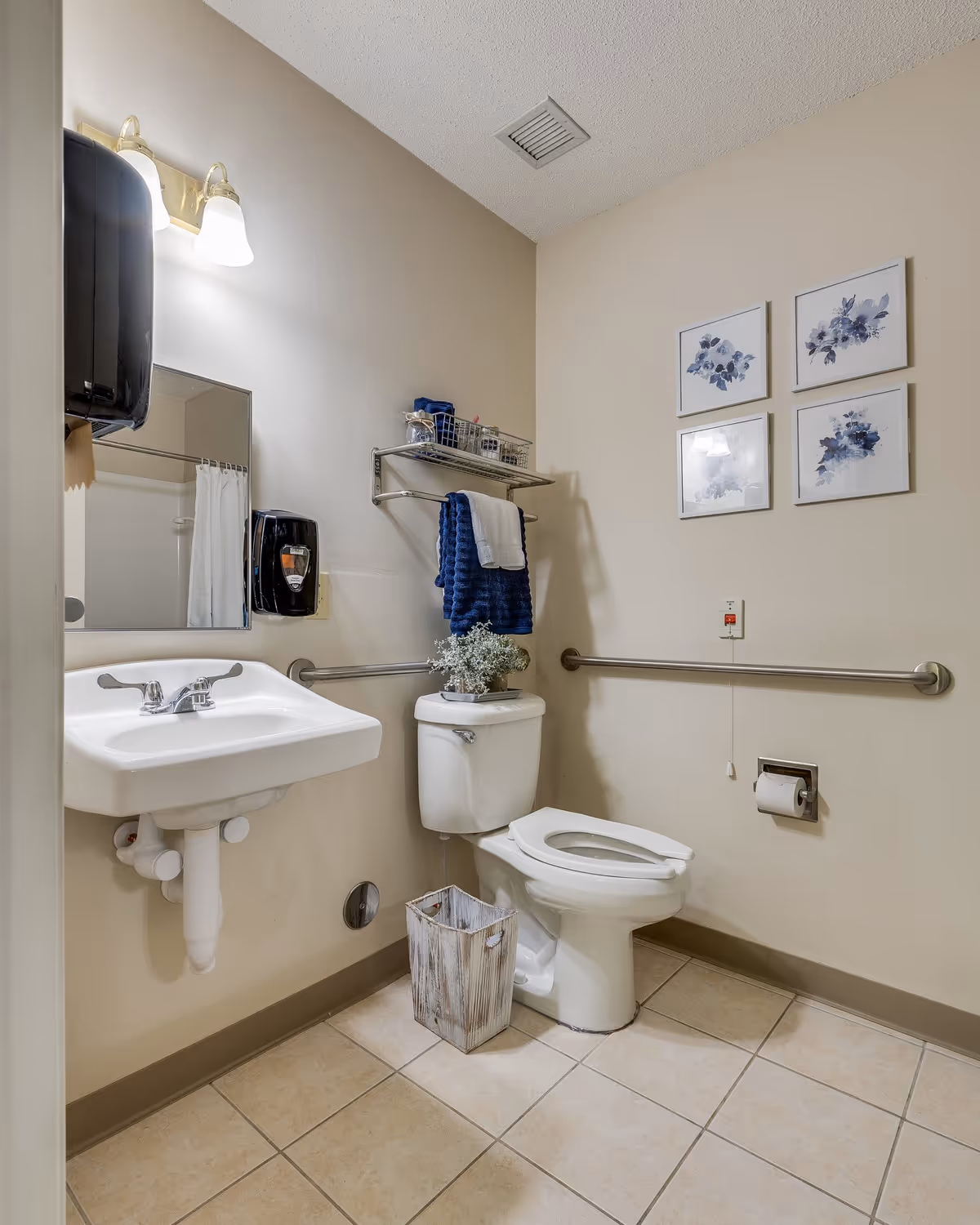 A clean and accessible bathroom with beige walls and tiled floor. It features a white toilet with a grab bar on the wall behind it, a white sink with a mirror above, a wall-mounted soap dispenser, and a towel rack holding blue and white towels. Four framed floral pictures are hung on the wall above the grab bar. A small plant sits on top of the toilet tank, and a rustic wooden waste bin is on the floor beside the toilet.