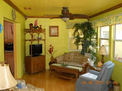 This bright lime-green living room features a sofa, chairs, coffee table, TV, and a large plant.