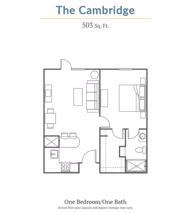Floor plan of The Cambridge apartment with 503 square feet, featuring one bedroom and one bathroom. The layout includes a kitchen with stove and sink, a dining area with table and chairs, a living room with sofa and coffee table, a bedroom with a bed and nightstands, a bathroom with toilet and sink, and a closet.