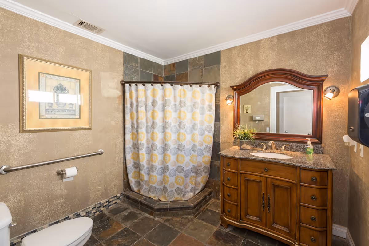 A bathroom with a corner shower enclosed by a curtain with yellow and gray circular patterns. The floor and shower walls are tiled with dark stone tiles. There is a wooden vanity with a granite countertop, a sink, and a large framed mirror above it. Two wall-mounted lights flank the mirror. A toilet with a grab bar and a toilet paper holder is visible on the left side. A framed picture hangs on the wall above the grab bar.